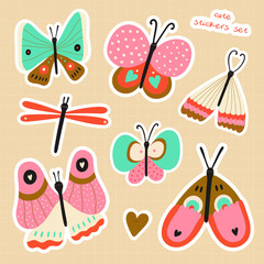 Stickers set with different Butterflies in cartoon childish style. Super cute Collection with vector Insects. 