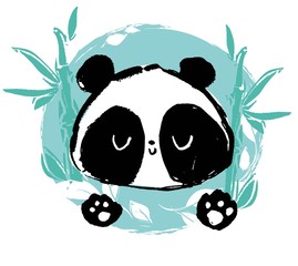 Hand drawn Cute panda bear and bamboo. Vector illustration.