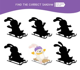 Educational  game for children. Find the right shadow. Kids activity with cute rabbit.