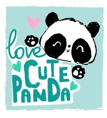 Hand drawn Cute panda bear sitting on the bamboo. Vector illustration. Print design for baby t-shirt.
