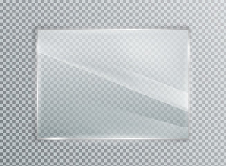 Glass plate on transparent background. Acrylic and glass texture with glares and light. Realistic transparent glass window in rectangle frame.