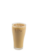 Isolate long tall glass beverage on white background with clipping path. Dicuted of freshness Iced coffee Latte.