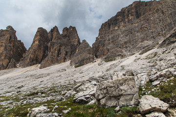 Great view of the top Cadini di Misurina range in National Park Tre Cime di Lavaredo. Dolomites, South Tyrol. Location Auronzo, Italy, Europe. Dramatic unusual scene. Beauty world.