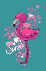 Beautiful Flamingo with flowers. Childish design print. Handwritten - Sweet.