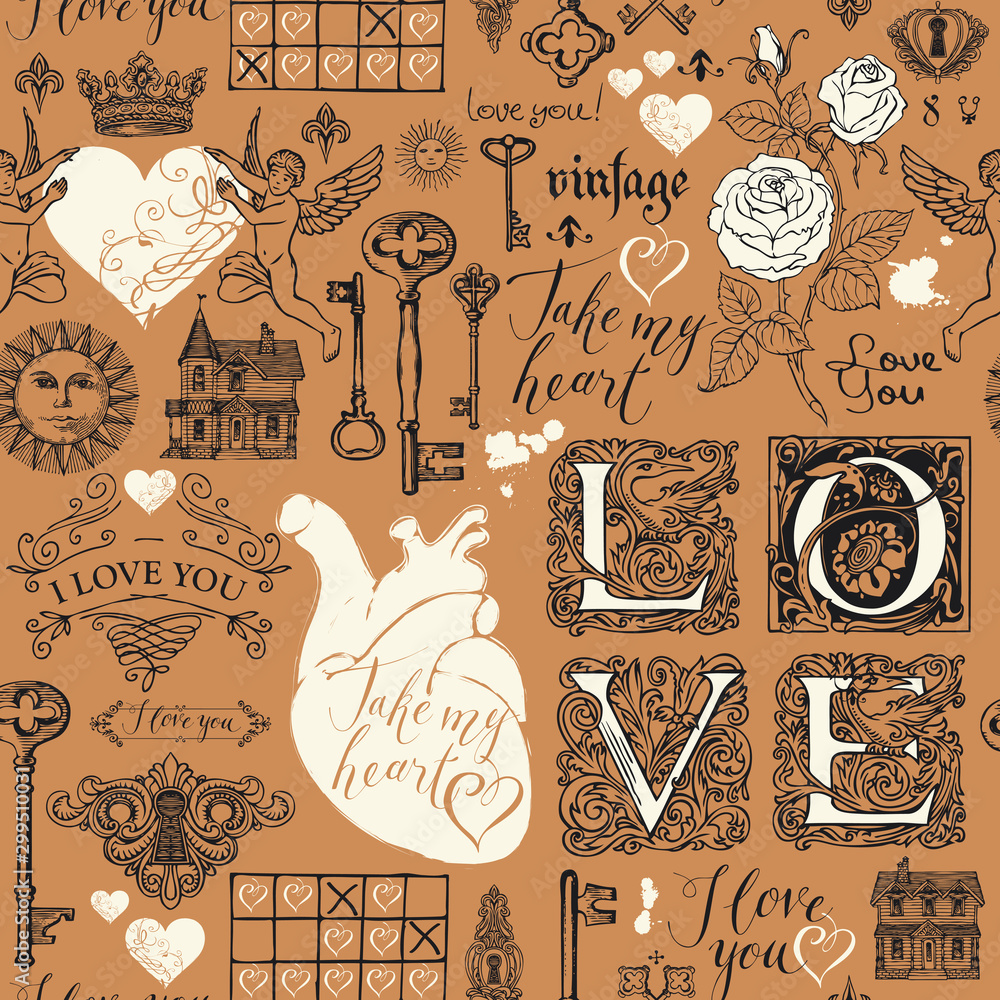 Poster vector seamless pattern on the theme of love and valentine day in retro style. abstract background w
