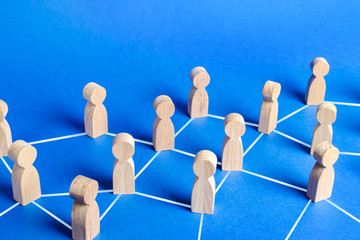 Figures of people connected by lines in a network. Communication and social networks. Cooperation...