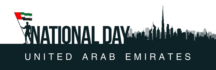 Fototapeta premium Anniversary banner UAE National flag. illustration 48 UAE National day, Spirit of the union, United Arab Emirates. Design Celebration Abu Dhabi 48 Independence day greeting card with city silhouette.