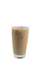 Isolate long tall glass beverage on white background with clipping path. Dicuted of freshness Iced coffee Latte.