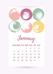 Vector Freehand Calendar 2020. January month. Creative colorful design template with messy ink grunge texture. Week starts Sunday. Monochrome minimal style