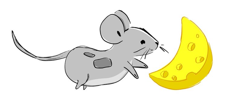 Hand drawn cute Mouse with cheese, cartoon character childish illustration. Rat Sketch. Vector.