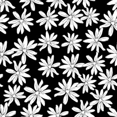 Hand drawn black and white flowers print for textile. Monochrome floral pattern seamless. Vector.