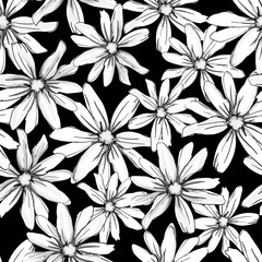 Hand drawn black and white flowers print for textile. Monochrome floral pattern seamless. Vector.