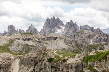 Fototapeta na wymiar Dolomites, Italy - July, 2019: Mountains trails to Tre Cime di Lavaredo Dolomites