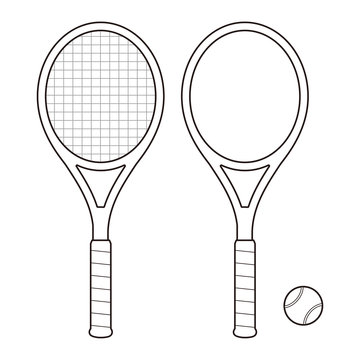 ガットが張ってあるテニスラケットとガットなしのテニスラケットとボールのセット ぬりえベクターイラスト