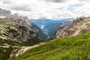 Dolomites, Italy - July, 2019: Mountains trails to Tre Cime di Lavaredo Dolomites