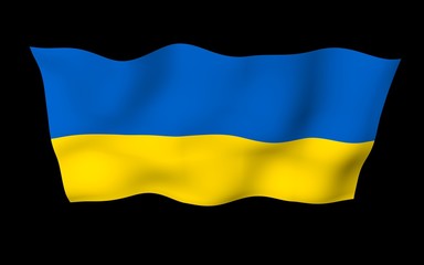 The flag of Ukraine on a dark background. National flag and state ensign. Blue and yellow bicolour. 3D illustration waving flag
