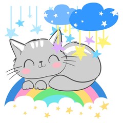 Cat sits on a rainbow. Beautiful illustration for children. Print for t-shirts, pajamas. Vector.