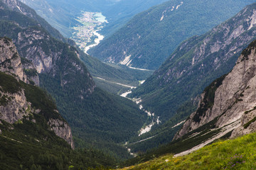 Fototapeta premium Dolomites, Italy - July, 2019: Mountains trails to Tre Cime di Lavaredo Dolomites