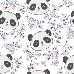 Hand Drawn Panda and flowers Bear Vector Illustration. Pattern seamless. Children prints.