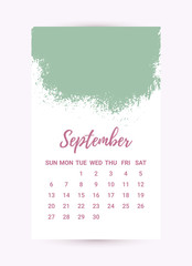 Vector Freehand Calendar 2020. September month. Creative colorful design template with messy ink grunge texture. Week starts Sunday. Monochrome minimal style