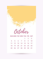 Vector Freehand Calendar 2020. October month. Creative colorful design template with messy ink grunge texture. Week starts Sunday. Monochrome minimal style