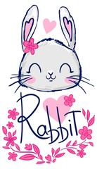 Hand Drawn Cute Bunny, print design rabbit, children print on t-shirt.