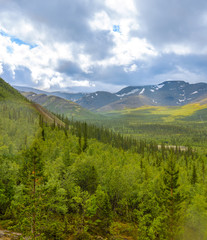 Fototapeta premium Mountain forest landscape under stormy sky with clouds. Khibiny mountains above the Arctic circle, Kola peninsula, Murmansk region, Russia