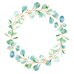 Obraz premium Watercolor eucalyptus wreath in blue and green colours. Silver dollar eucalyptus. Hand painted floral illustration with green leaves isolated on white background. For wedding, design or print.