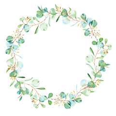 Watercolor eucalyptus wreath in blue and green colours. Silver dollar eucalyptus. Hand painted floral illustration with green leaves isolated on white background. For wedding, design or print.