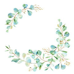 Watercolor eucalyptus wreath in blue and green colours.  Silver dollar eucalyptus. Hand painted floral illustration with green leaves isolated on white background. For wedding, design or print.