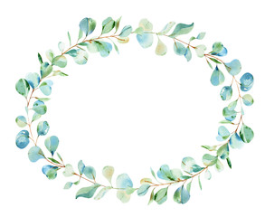 Watercolor eucalyptus wreath in blue and green colours.  Silver dollar eucalyptus. Hand painted floral illustration with green leaves isolated on white background. For wedding, design or print.