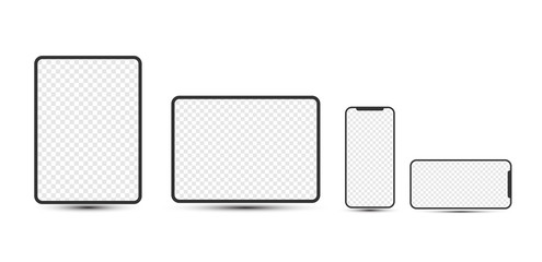 Simple mobile devices: smartphones, tablets with blank checkered transparent screens.