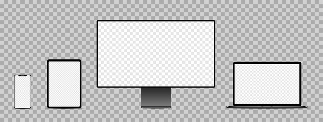 Set of black realistic electronic devices: smartphone, tablet, laptop, display.