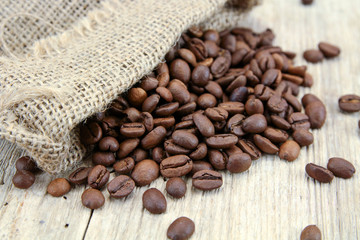 coffee beans in a burlap bag