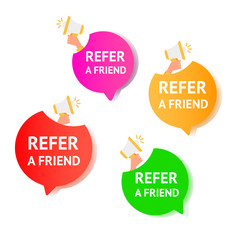 Referral trendy icon set of Air gradient message bubbles with referral program text and microphone on a white background.