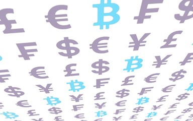 Bitcoin and currency on a white background. Digital crypto currency symbol. Business concept. Market Display. 3D illustration