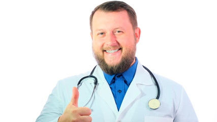 Nice chubby doctor with a beard in a white coat dancing on a white isolated background
