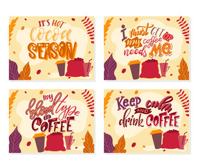 Set of coffee drink quotes. Cafe modern calligraphy with doodle elements. Promotion motivation graphic design. Vector illustration