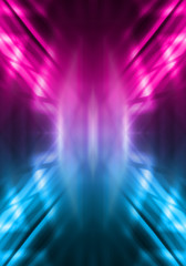 Dark abstract futuristic background. Neon lines glow. Neon lines, shapes. Multi-colored glow, blurry lights, bokeh. Empty stage background