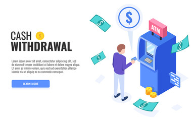 Cash Withdrawal concept. Man with credit card standing near atm machine. Web banner, infographics. Isometric vector illustration.