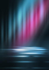 Empty background scene. Dark street reflection on wet asphalt. Rays of neon light in the dark, neon shapes, smoke. Background of an empty stage show. Abstract dark background.