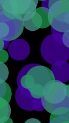 Multicolored translucent circles on a dark background. Green tones. 3D illustration