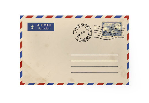 Old yellow paper envelope for letter - American Air Mail style with blue and red border stamped. Front side of envelope.