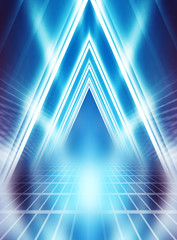Fototapeta premium Empty background scene. Dark street reflection on wet asphalt. Rays of neon light in the dark, neon shapes, smoke. Background of an empty stage show. Abstract dark background.
