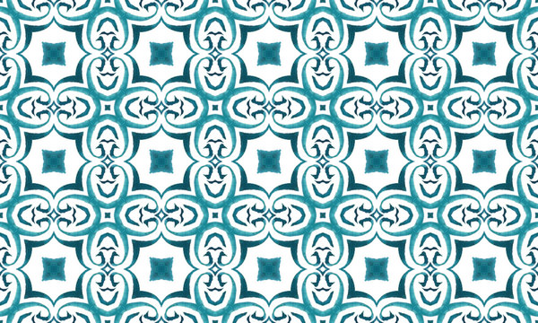 Antique portuguese tiles. Blue Azulejos ceramic. Spanish pottery..Sicily italian majolica. Vintage ethnic background . Mediterranean watercolor seamless wallpaper. Moroccan ornaments in indigo colors