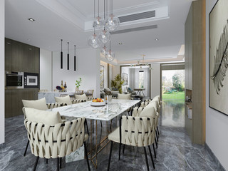 Modern dining room with hanging lamps, there are chairs and table setup with fancy items on the marble floor. 3D rendering