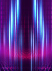 Empty background scene. Dark street reflection on wet asphalt. Rays of neon light in the dark, neon shapes, smoke. Background of an empty stage show. Abstract dark background.