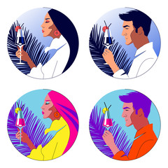 Luxury resort concept label design. Vector modern flat art style illustration of a beautiful man and woman raising their drinks. Isolated on white.