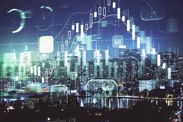 Double exposure of forex chart drawings over cityscape background. Concept of success.