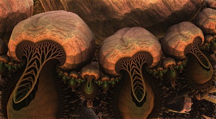 Computer generated 3D fractal.Fractal illustration with the image of mushrooms.